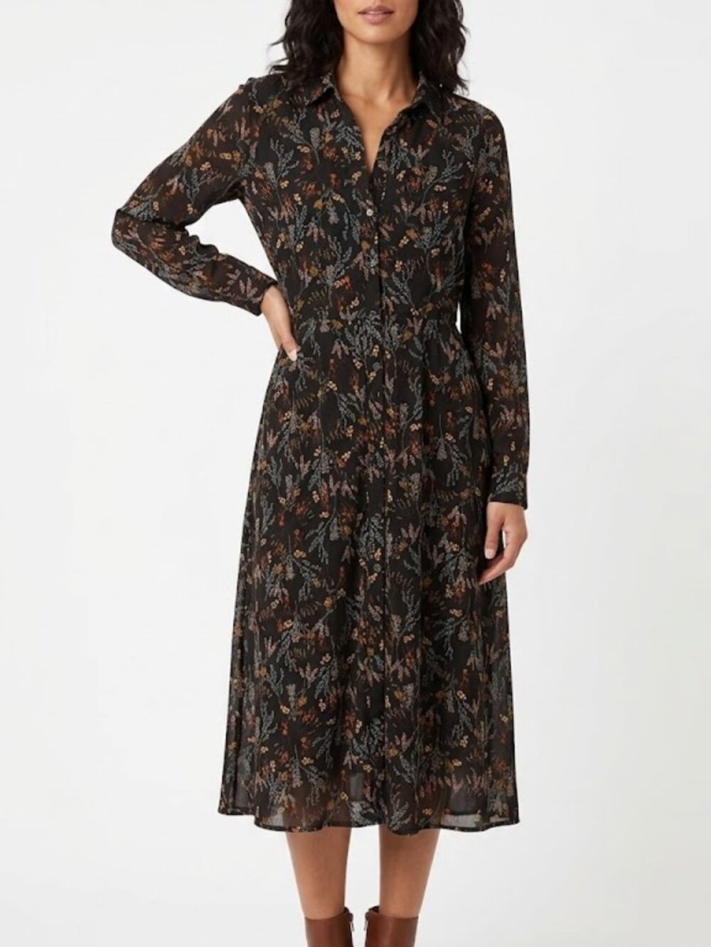 DR2 by Daniel Rainn Black Floral Long-Sleeve Button-Up Midi Shirt Dress Size XL